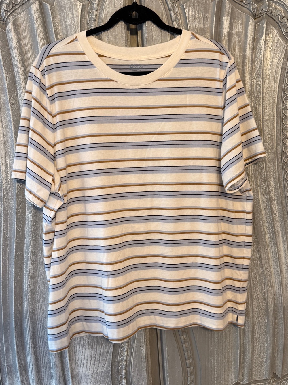 Market & Spruce Short Sleeve Striped Crew Tee in White, Blue & Tan